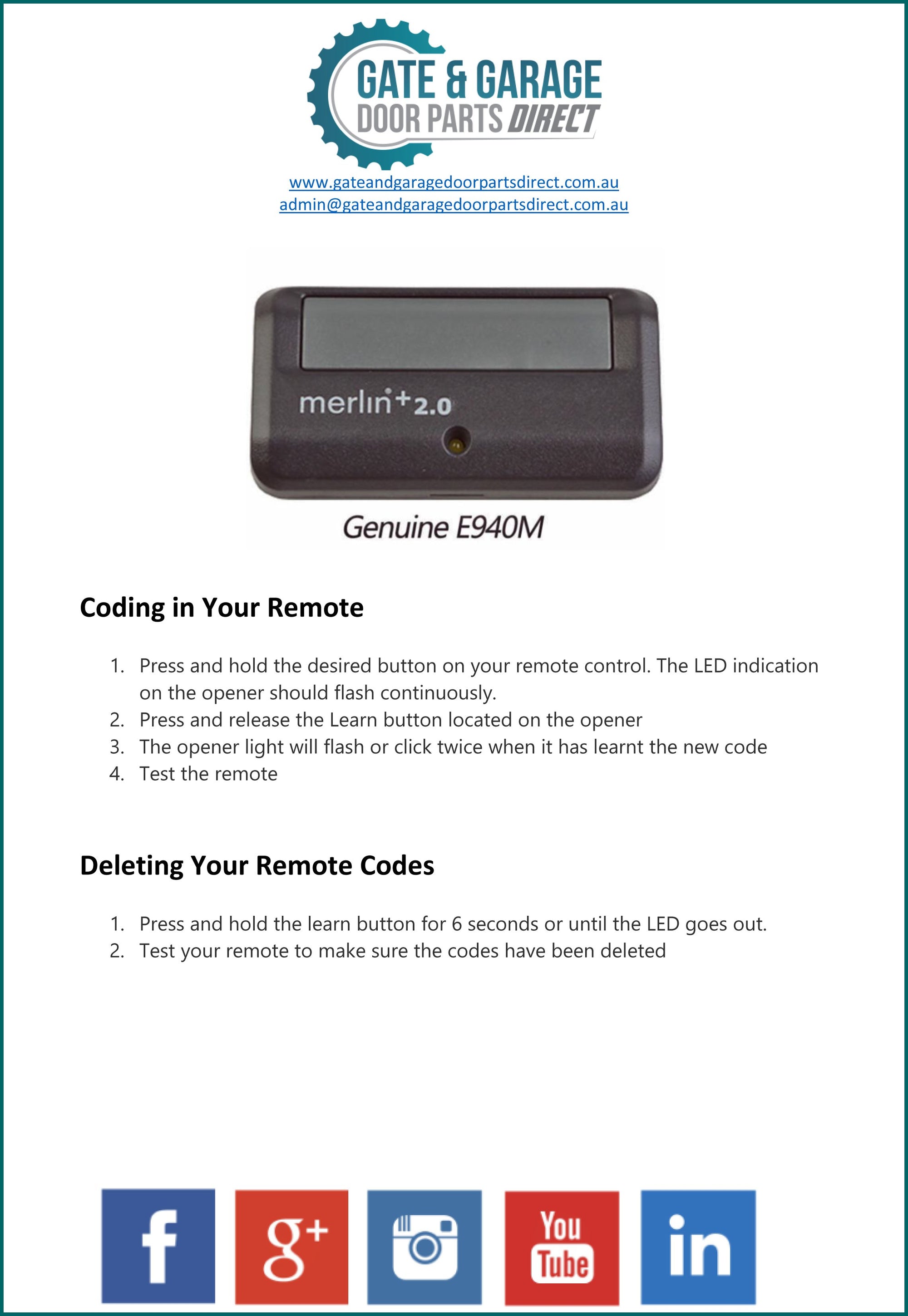 Merlin E940M Remote Coding Instruction