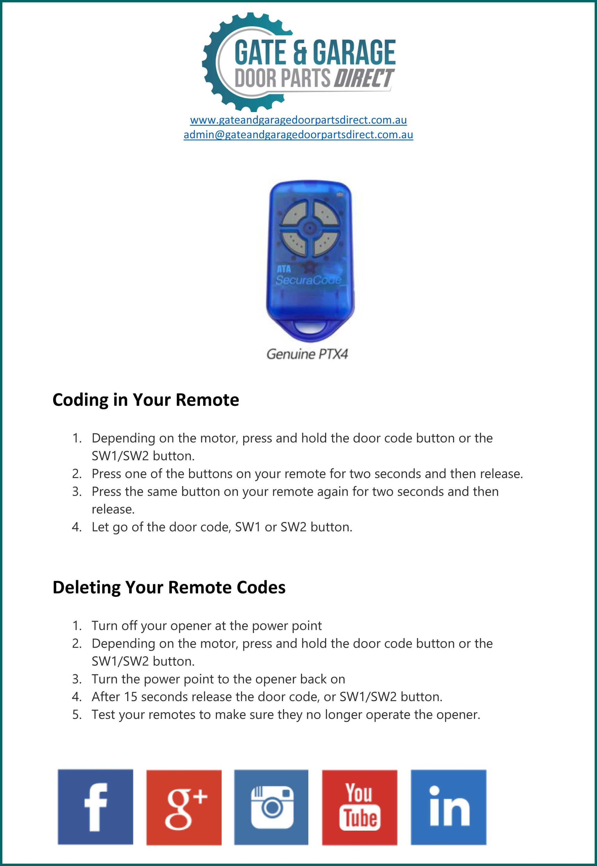 ATA PTX4 Remote Coding Instructions