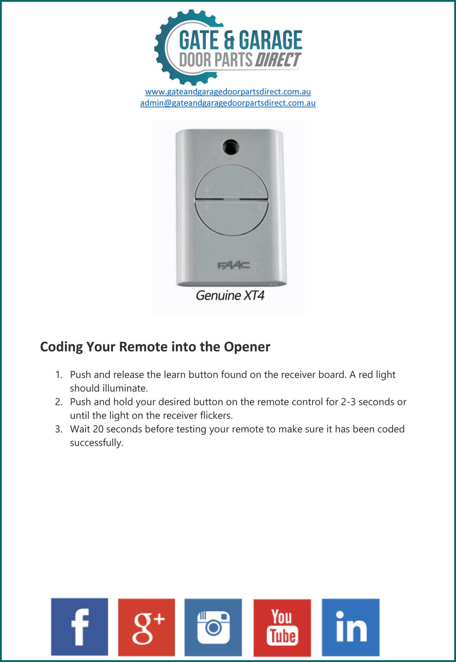 FAAC XT4 Remote Coding Instruction