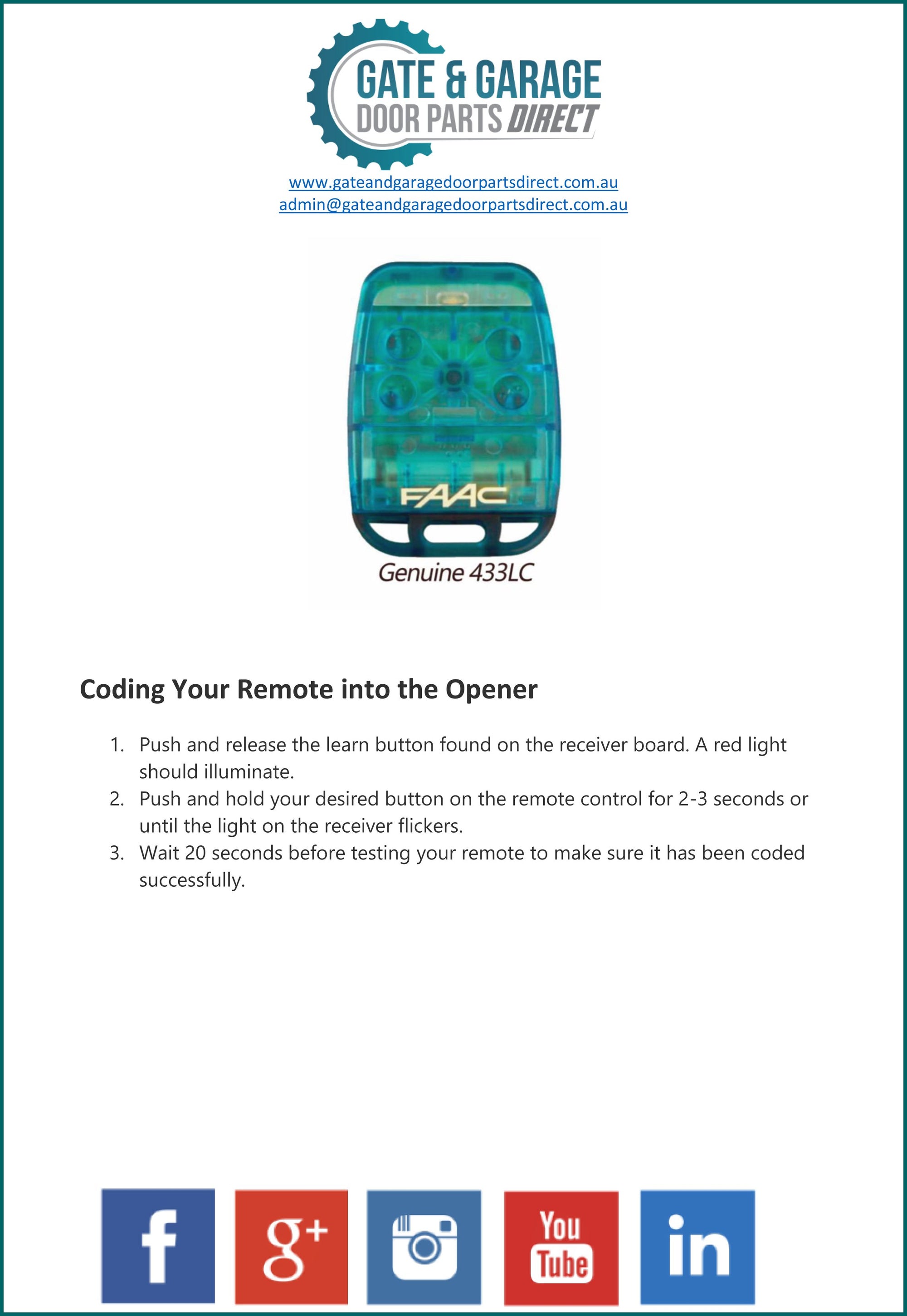 FAAC 433LC Remote Coding Instruction