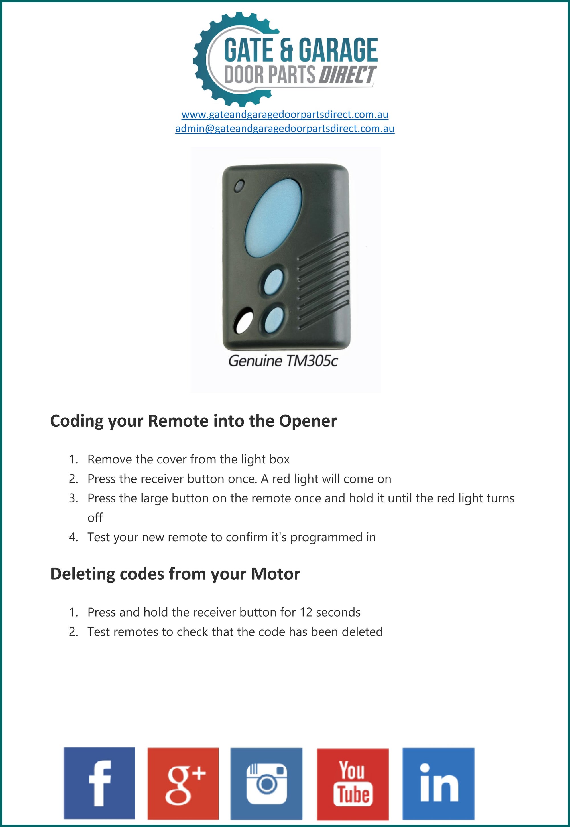 Gliderol TM 305C Remote Coding Instruction