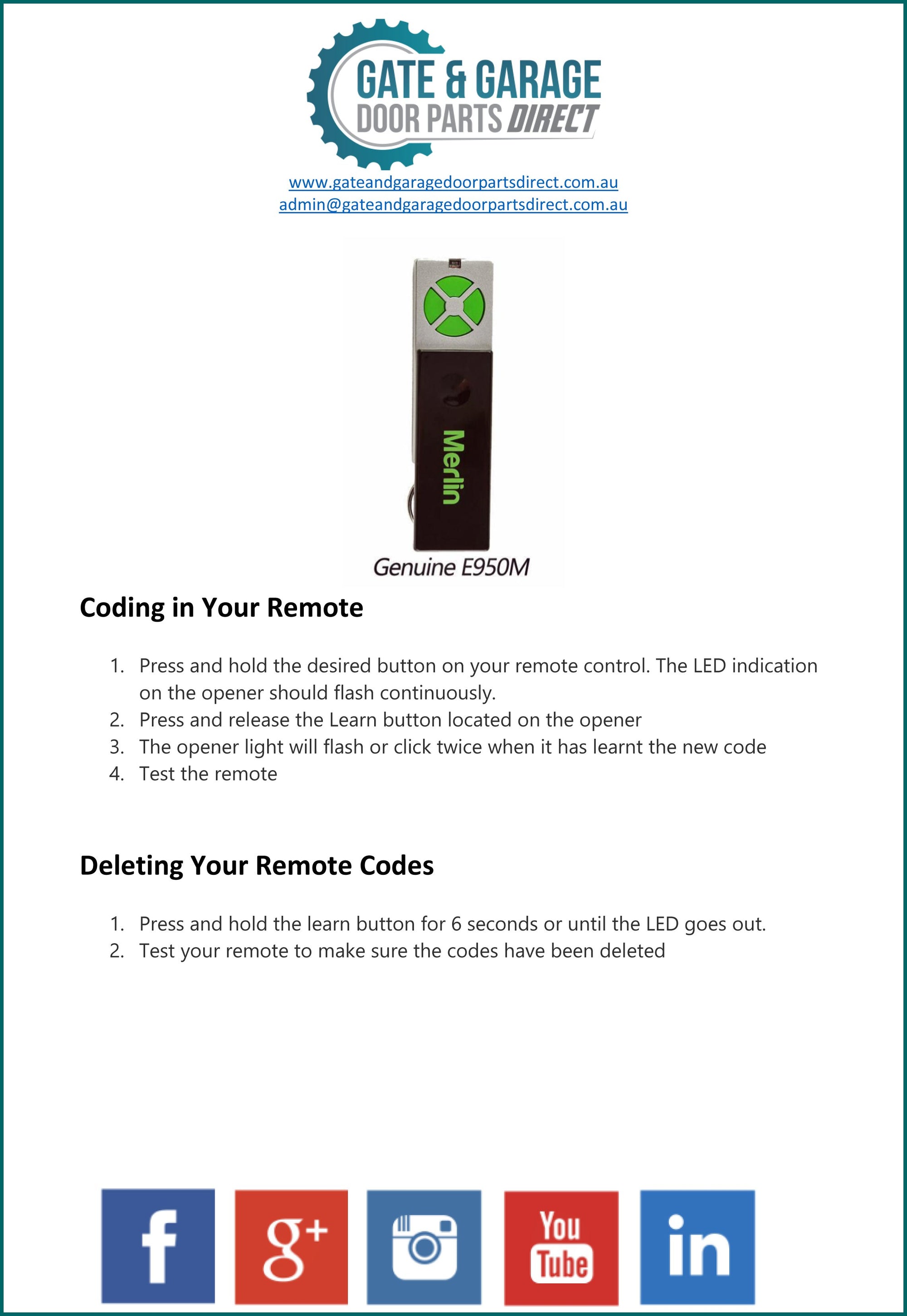 Merlin E950M Remote Coding Instruction