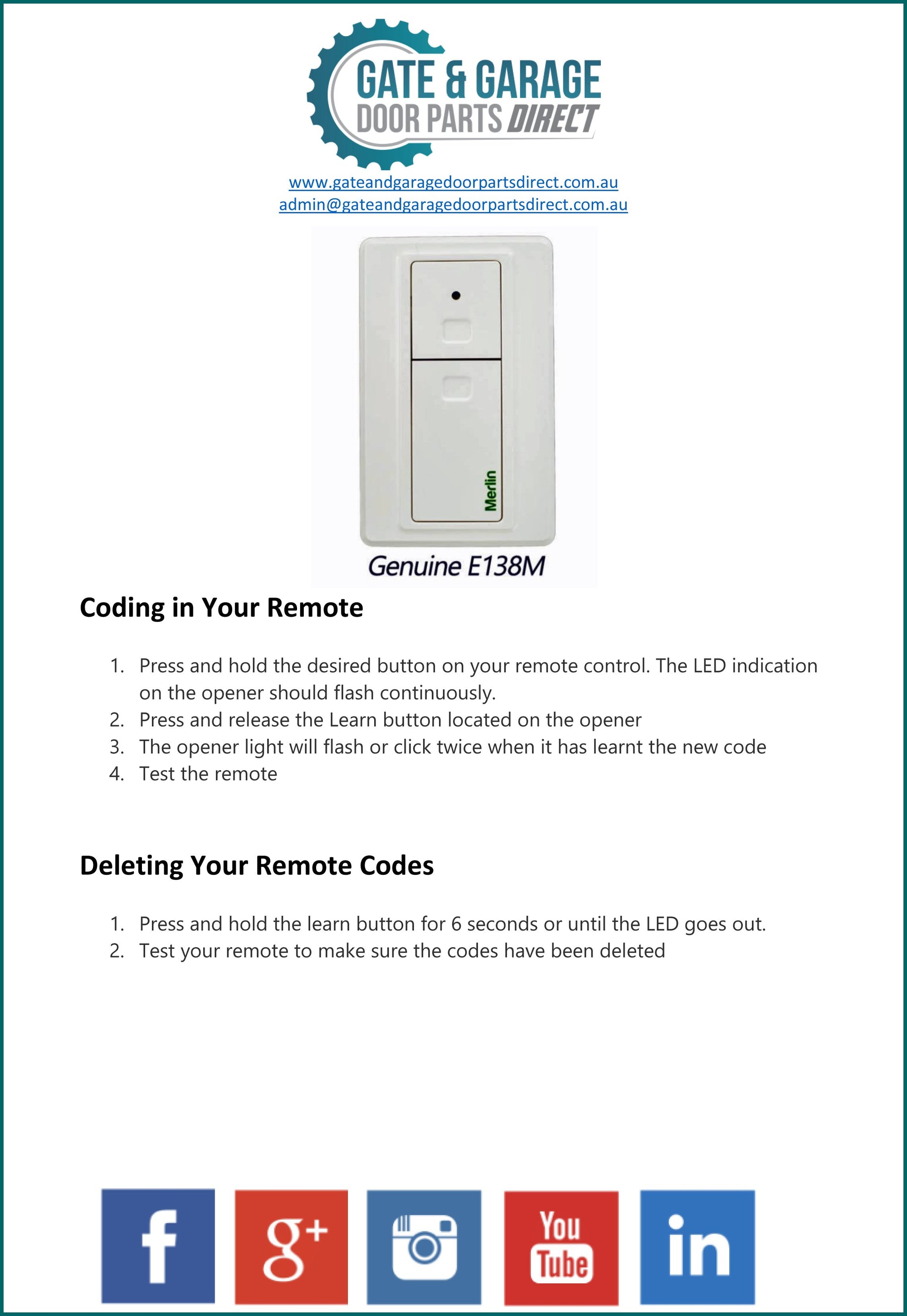 Merlin E138M Remote Coding Instruction