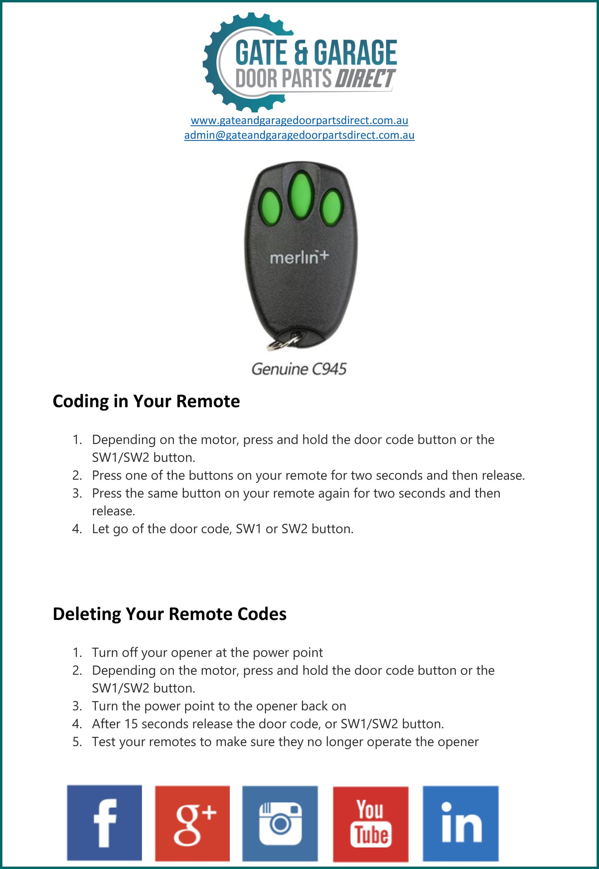 Merlin C945 Remote Coding Instruction