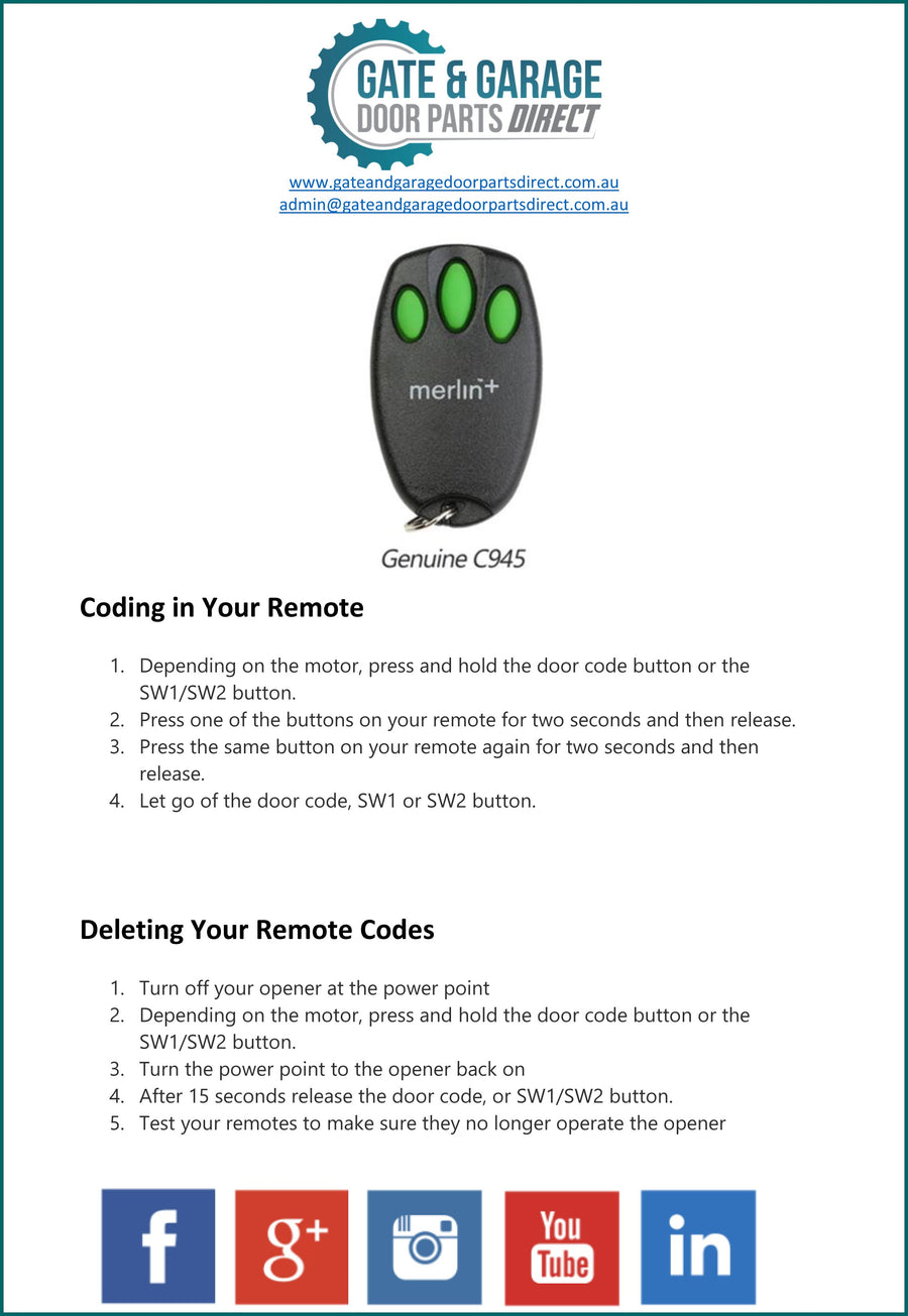 Merlin C945 Remote Coding Instruction