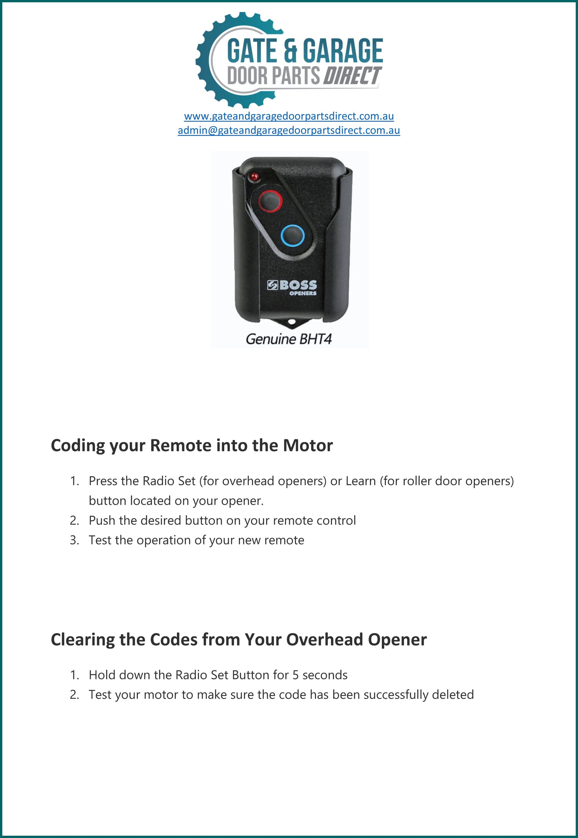 BOSS BHT4 Remote Coding Instruction