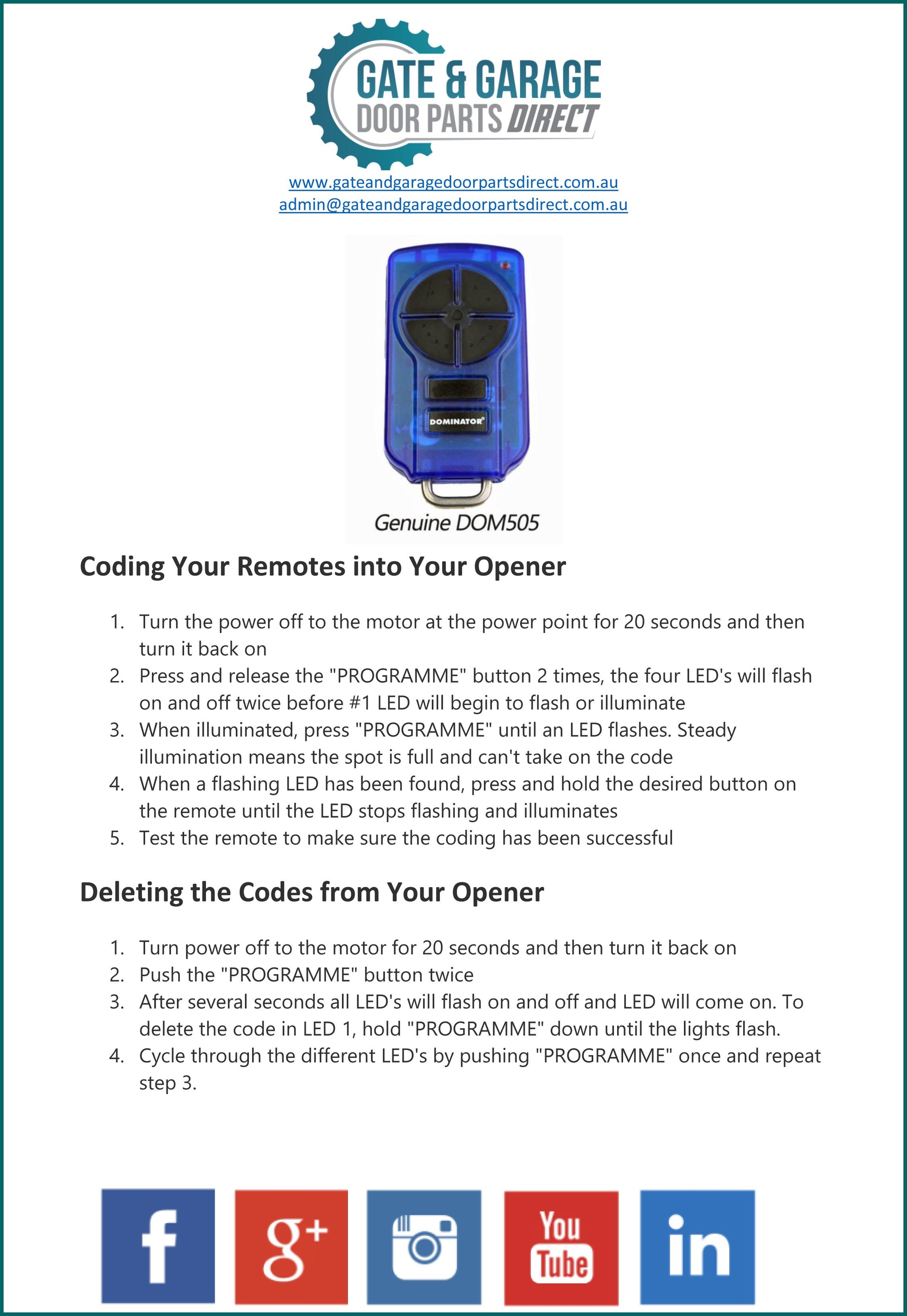 Dominator DOM 505 Remote Coding Instruction