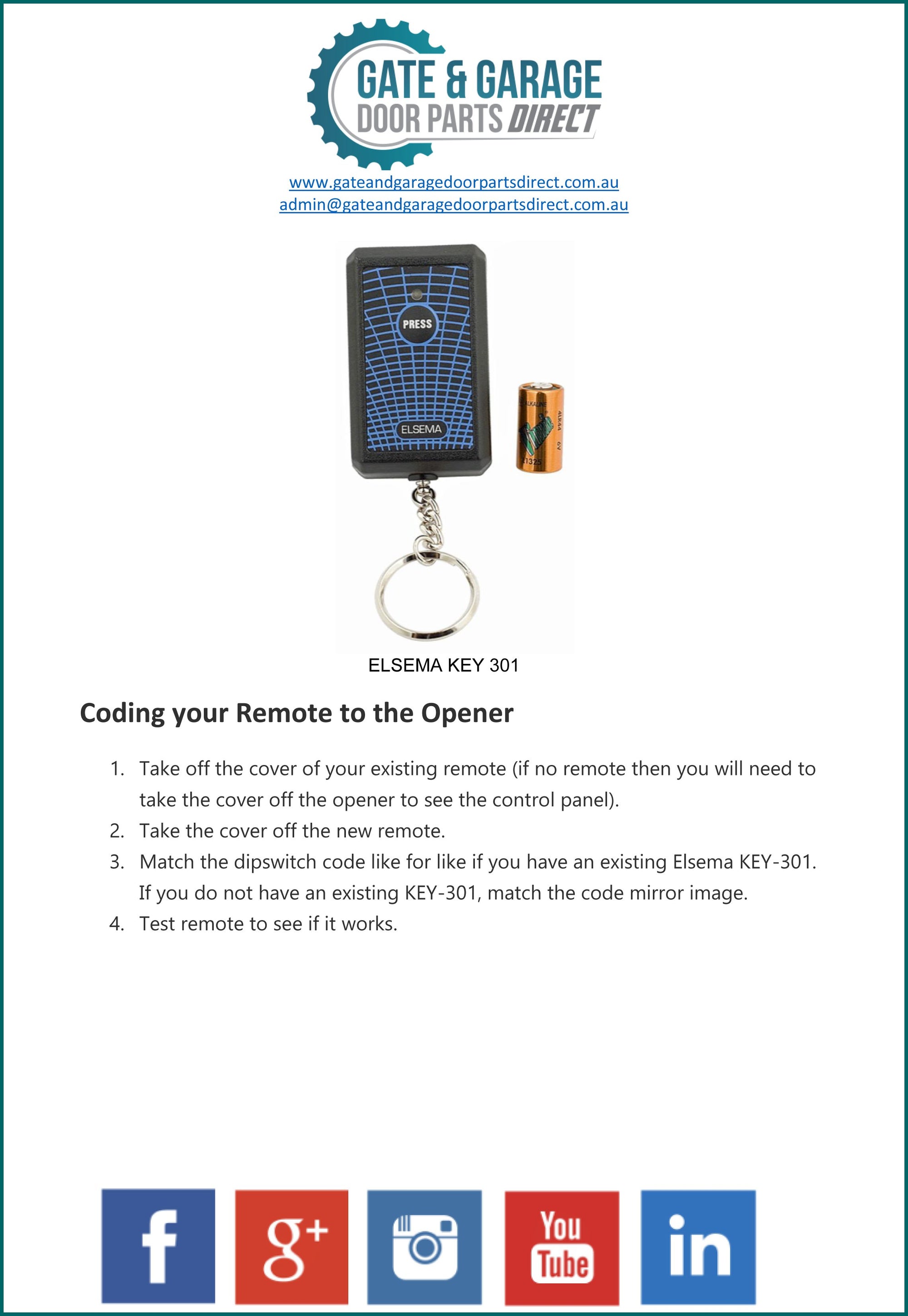 Elsema Key 301 Remote  Coding Instruction
