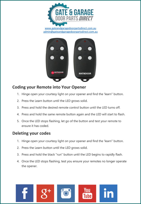 Matadoor Remote Coding Instruction - AGG Doors