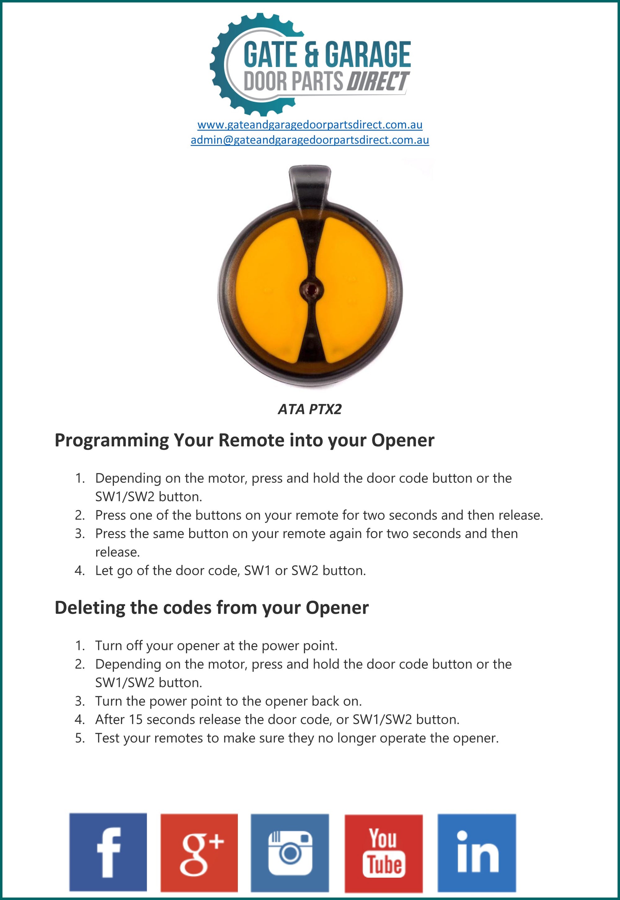 ATA PTX-2 Remote Coding Instruction