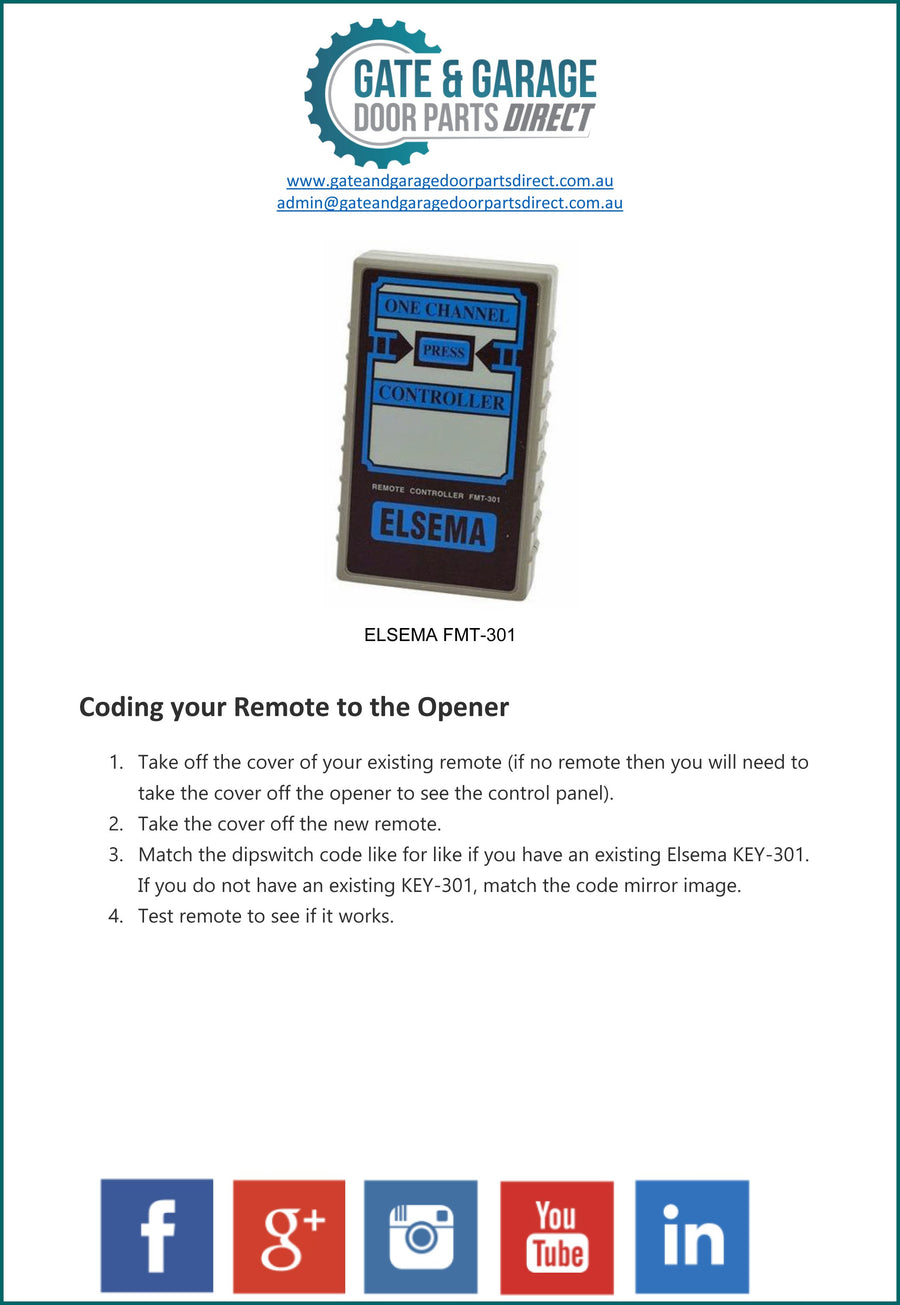 Elsema FMT 301 Remote Coding Instruction