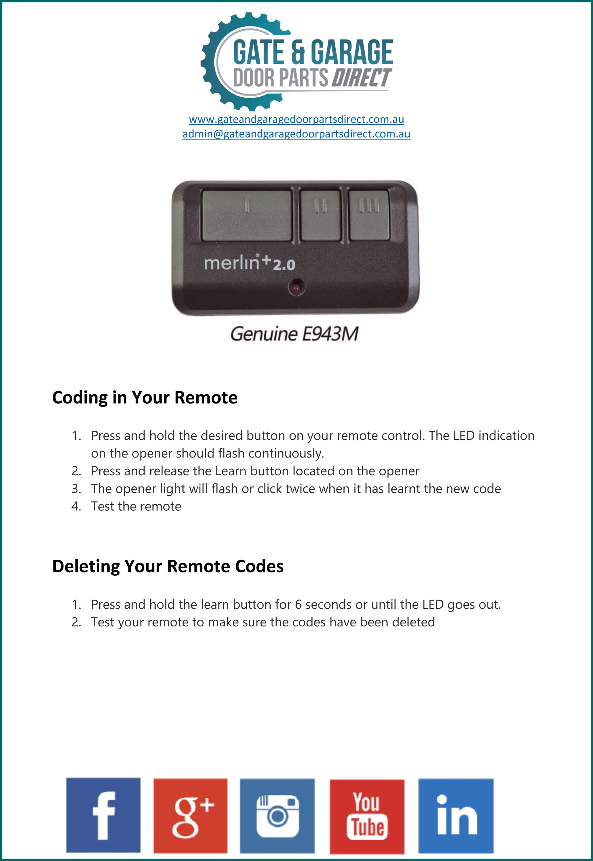 Merlin E943M Remote Coding Instruction